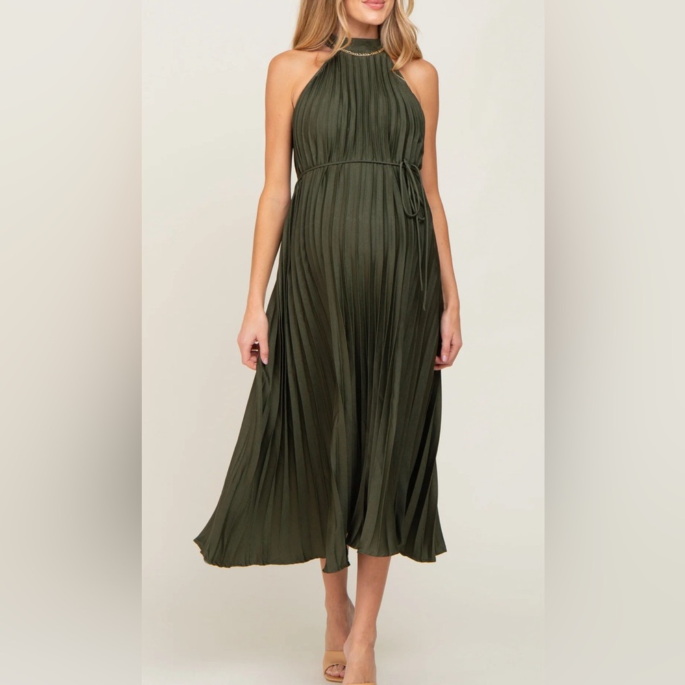 Olive Pleated Maternity Halter Dress. Size Medium. New, never worn.
